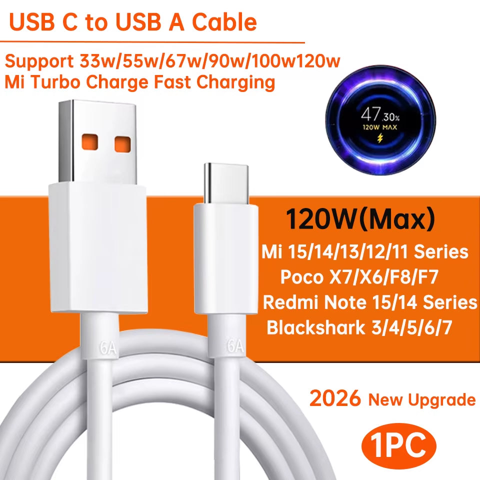 Original Usb Type C Cable 120W 100W 90W 67W 45W Turbo Fast Charger Mi 17 15 14 13 12 T Pro Ultra Poco F8 X8 X7 Redmi Note