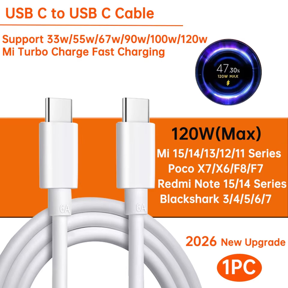 Original Usb Type C Cable 120W 100W 90W 67W 45W Turbo Fast Charger Mi 17 15 14 13 12 T Pro Ultra Poco F8 X8 X7 Redmi Note